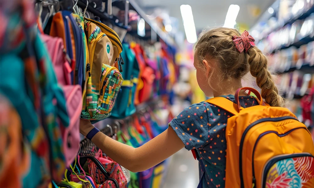 elementary school age girl looking at backpacks