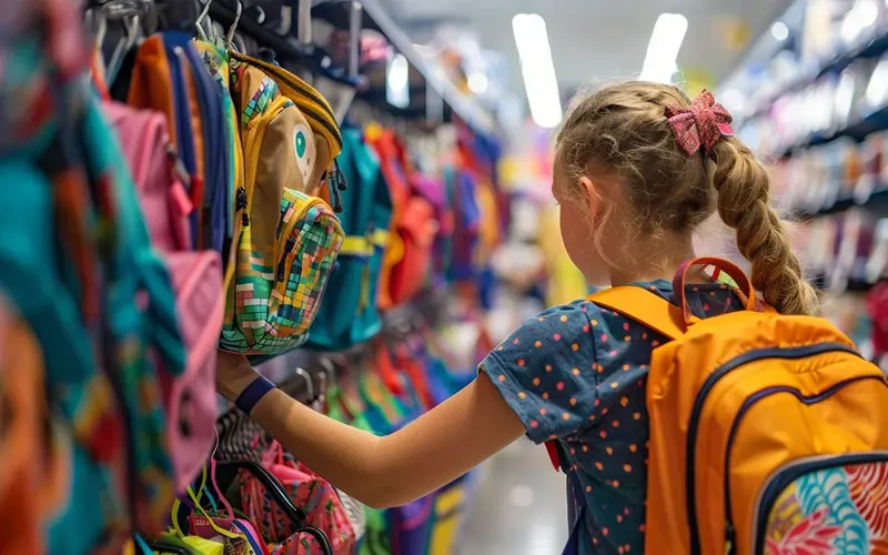 elementary school age girl looking at backpacks