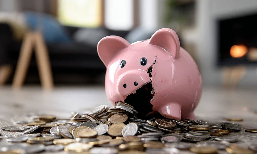 broken piggy bank and coins spilled on floor