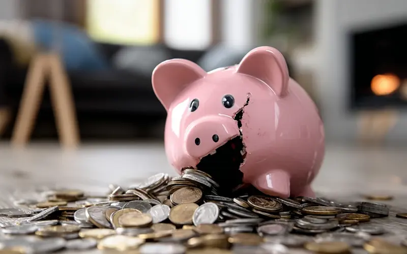 broken piggy bank and coins spilled on floor