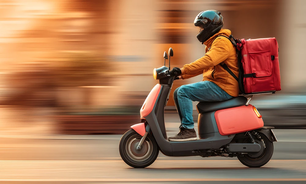 person on scooter carrying insulated backpack of food