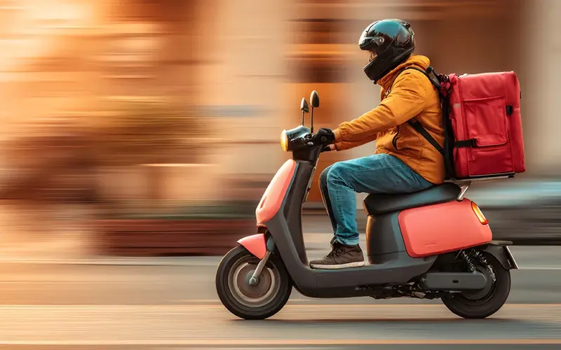 person on scooter carrying insulated backpack of food