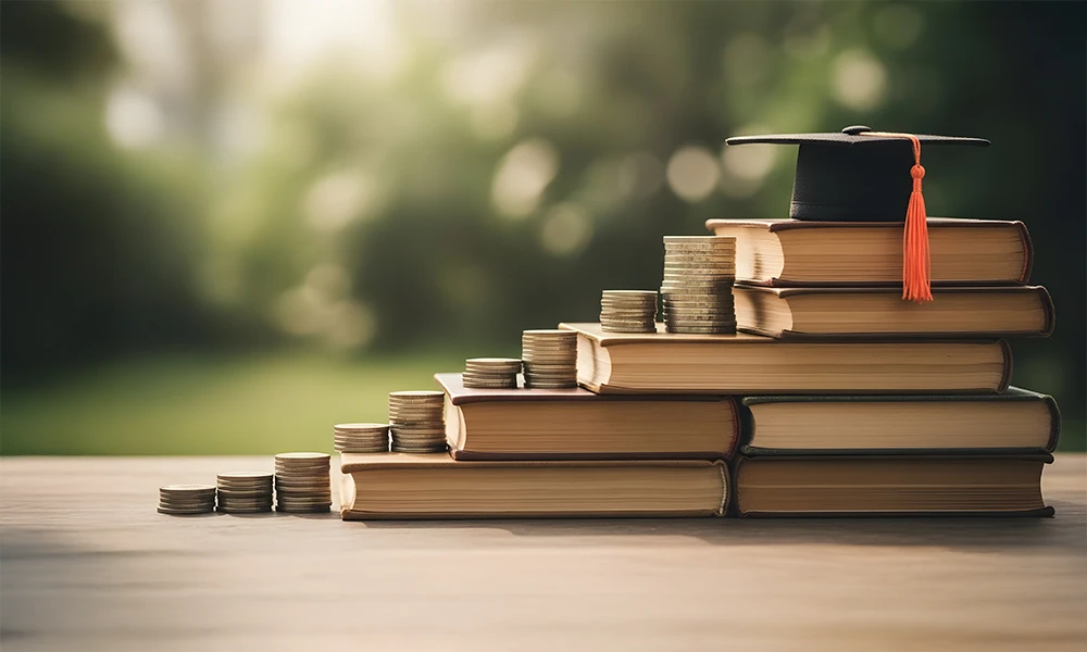 a pile of textbooks, graduation cap and coins stacked