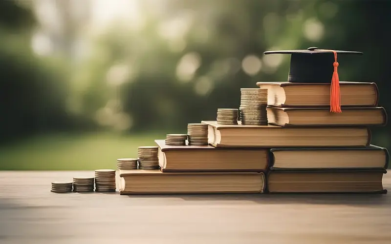 a pile of textbooks, graduation cap and coins stacked