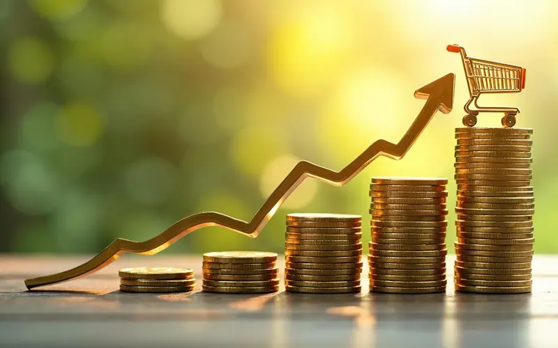 digital illustration of stacks of coins climbing taller with a shopping chart on the highest stack