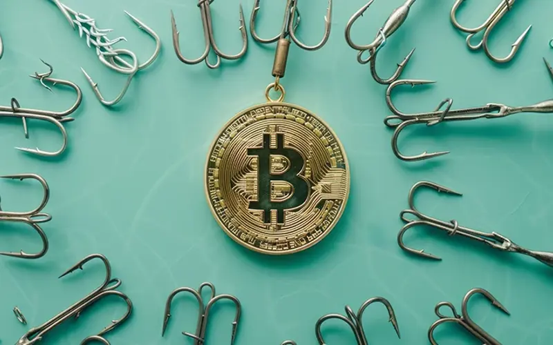 fishing hooks circle a Bitcoin