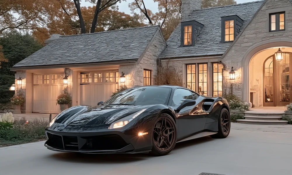 a sports car in front of a opulent home 