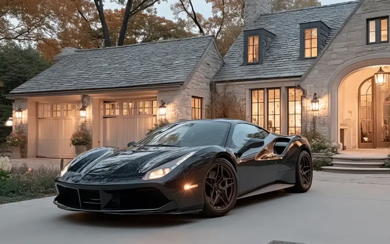a sports car in front of a opulent home 