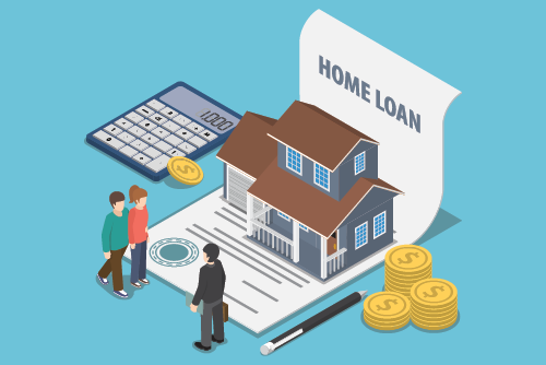 illustration of a house sitting on top of loan document with calculator