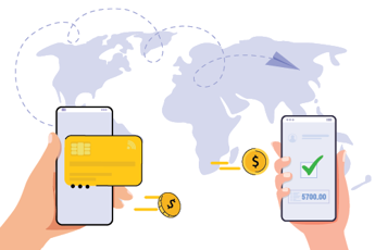 Graphic of one phone sending payment to another phone over a map of the world.