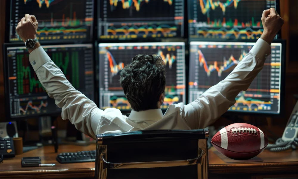 man raising arms in celebration while looking at many monitors of stocks