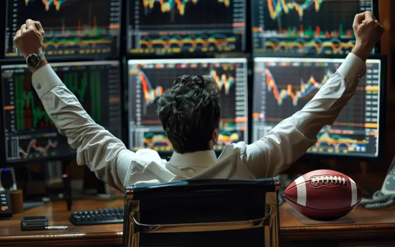man raising arms in celebration while looking at many monitors of stocks