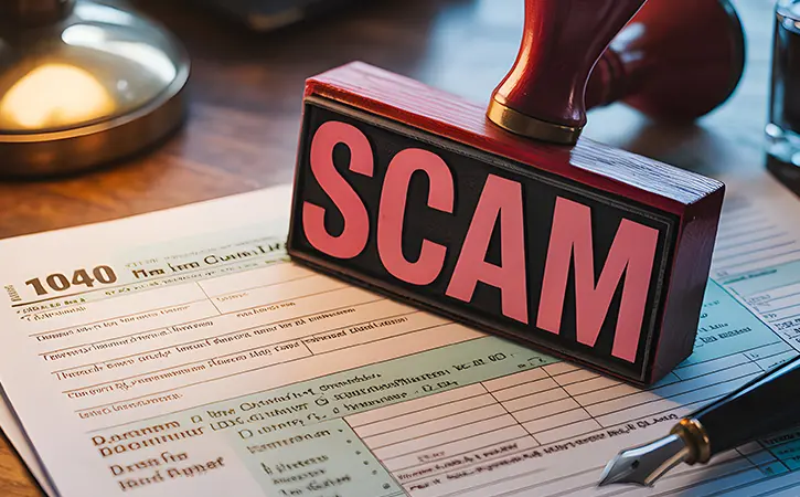 Tax form with a rubber stamp that reads scam