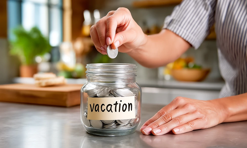 person putting a coin in a clear jar with the label Vacation