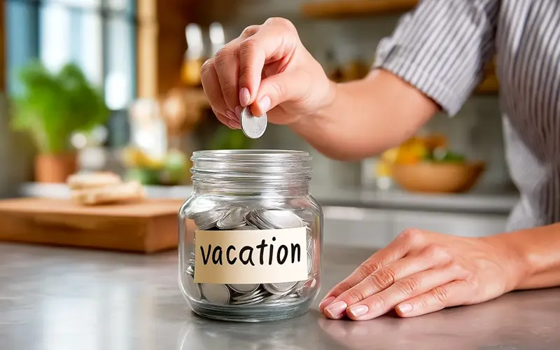 person putting a coin in a clear jar with the label Vacation