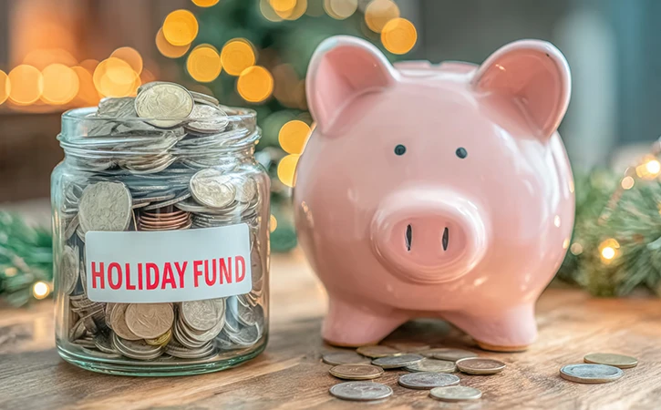 piggy bank next to a glass jar full of money that reads Holiday Fund