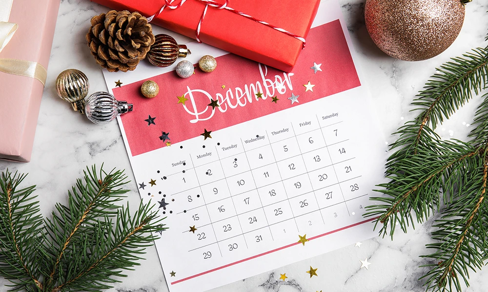 calendar showing December and holiday artifacts