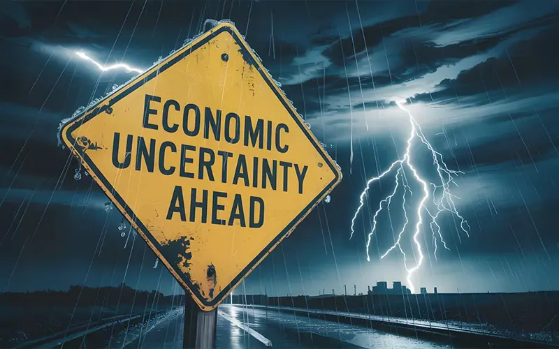 storm raging in background of a warning street sign that says Economic Uncertainty Ahead