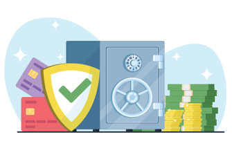 Graphic of a safe, credit cards, cash, and coins with a secure symbol.