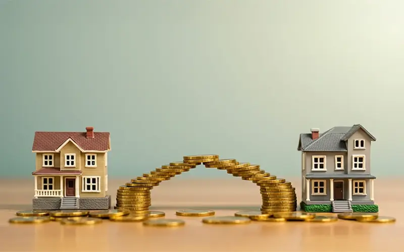 two toy home with a bridge between them made out of coins