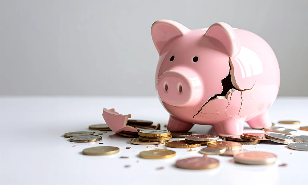 Broken piggy bank with coins scattered on table