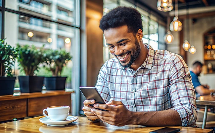 man at coffee shop smiling while looking at his phone