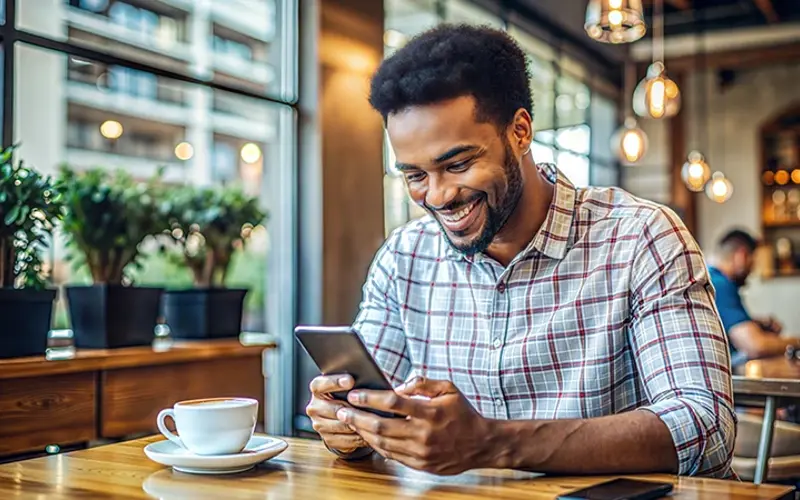man at coffee shop smiling while looking at his phone