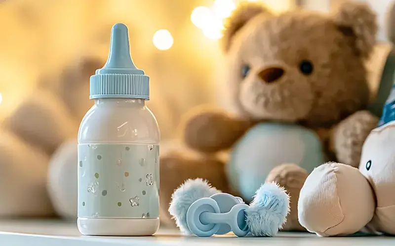 baby bottle, pacifier and stuffed bear on a shelf