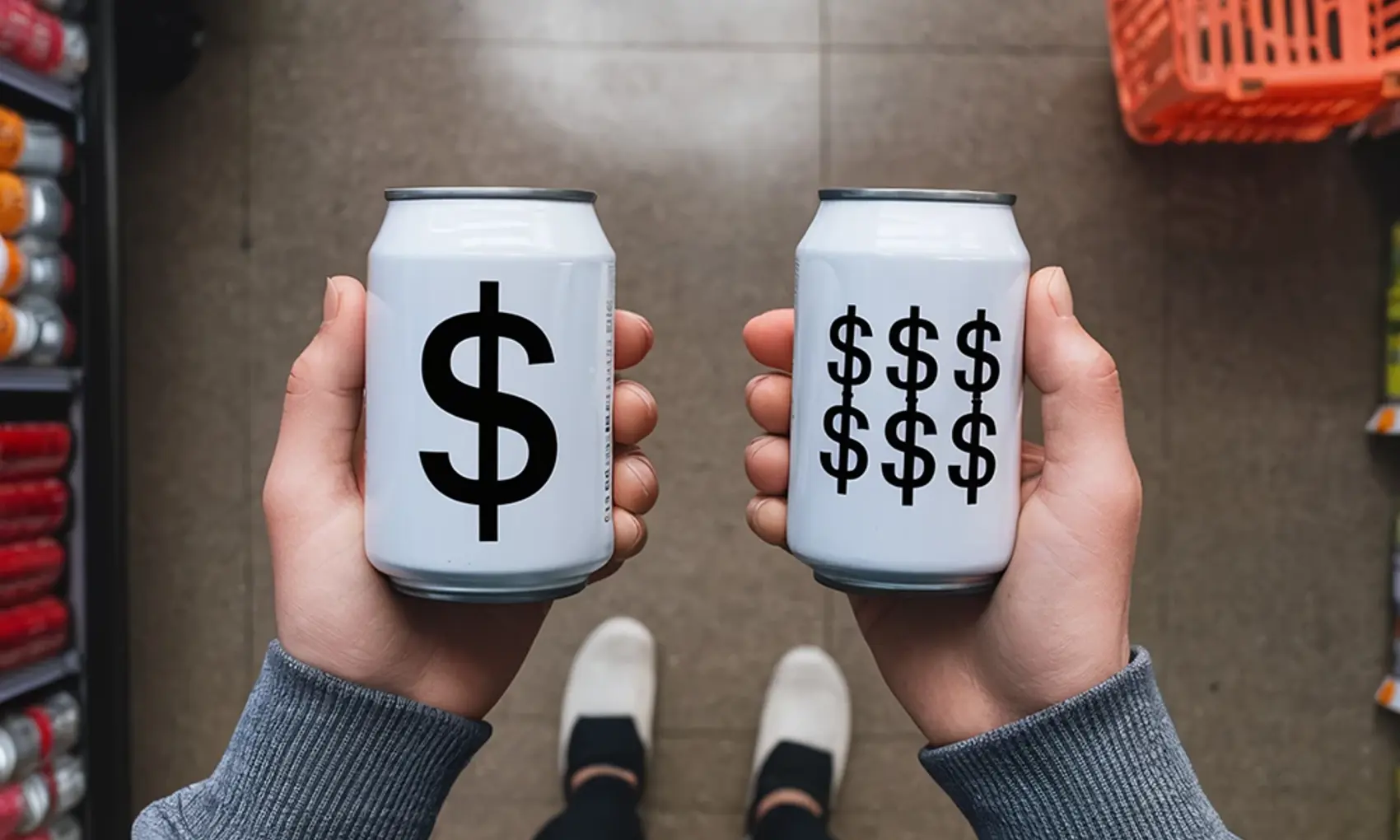 Man holding 2 cans comparing cost
