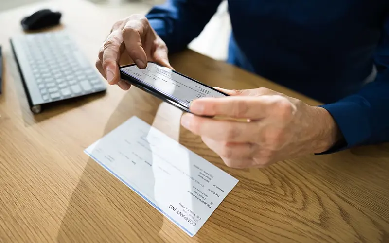 person making a digital deposit of a check using their smartphone