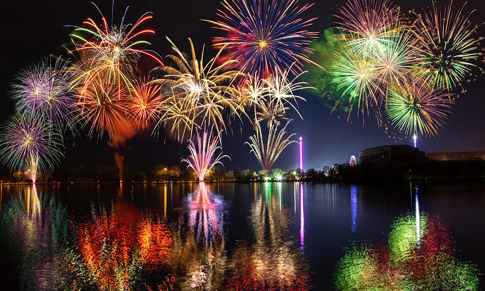 fireworks going off in a nighttime sky