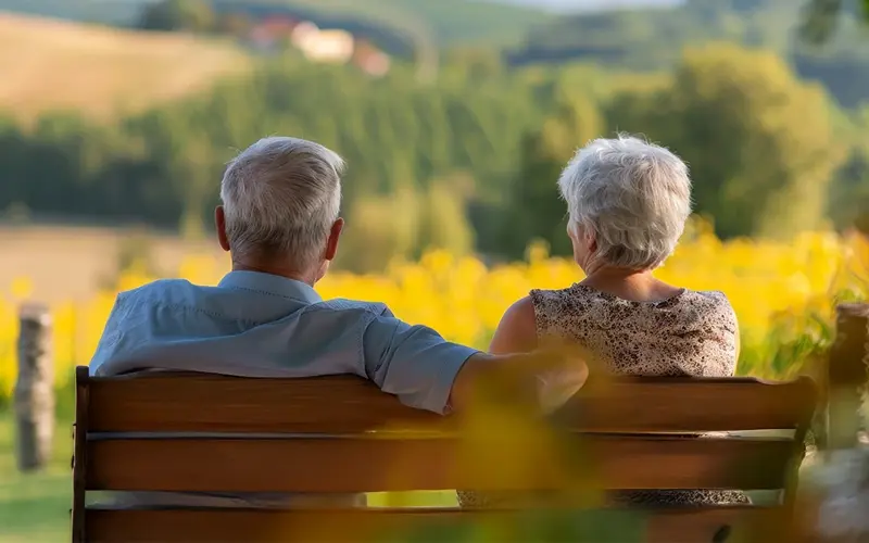 older couple enjoying the view from a bench outside