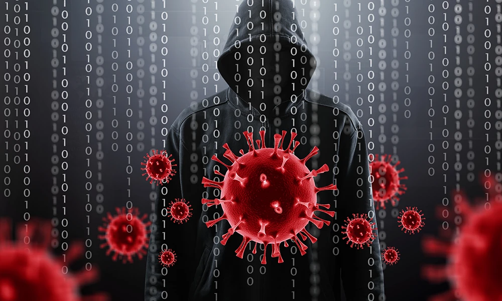 bad actor in black hoody with the spherical coronavirus mass with protruding spikes 