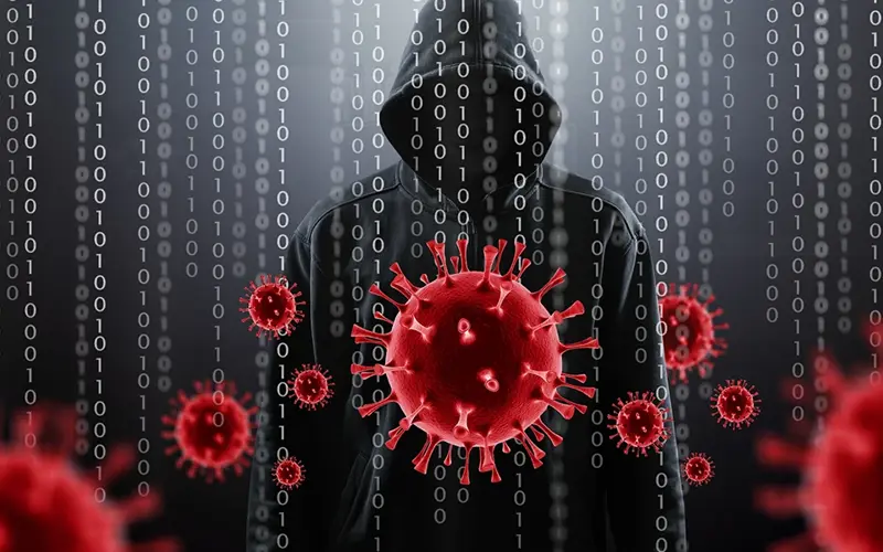 bad actor in black hoody with the spherical coronavirus mass with protruding spikes 